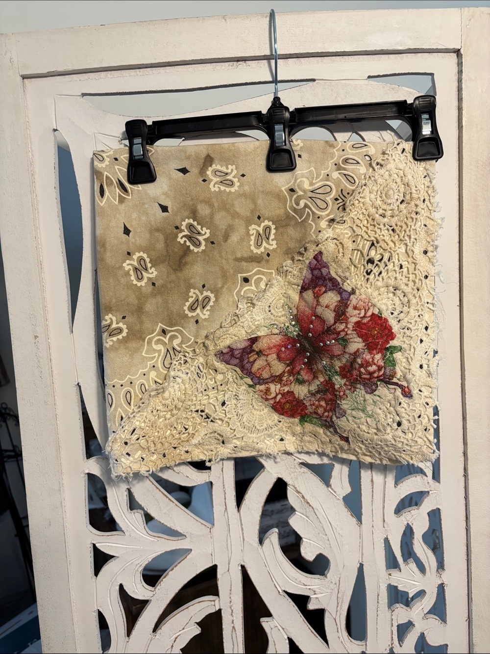 Vintage-Inspired Cream & Olive Crochet Floral Accent Bandana cotton scarf